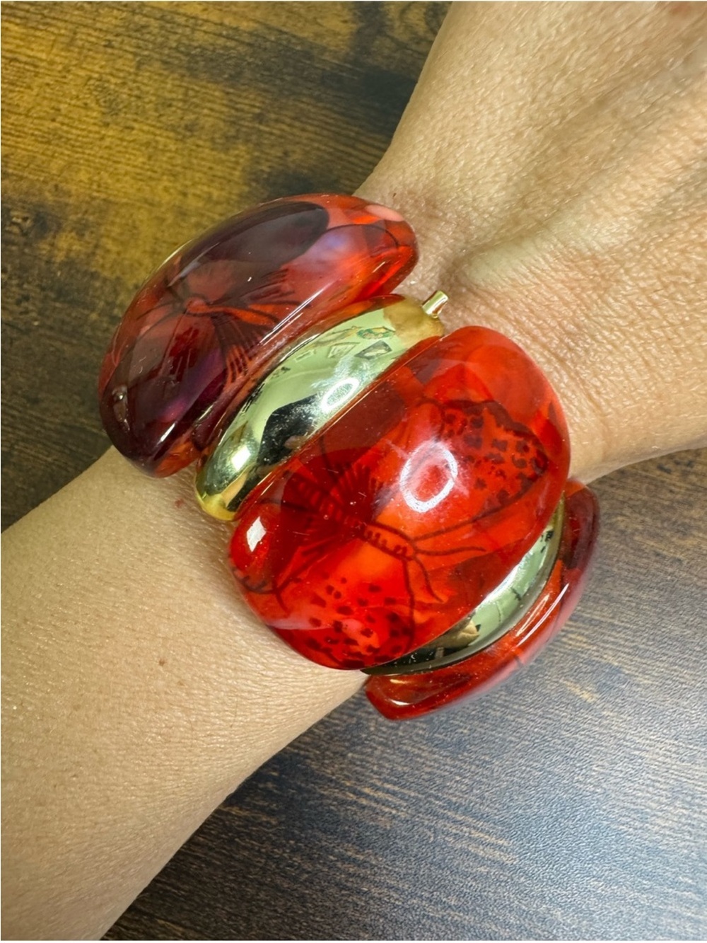 Red Resin and Gold-Tone Chunky Butterfly Statement Stretch Bracelet